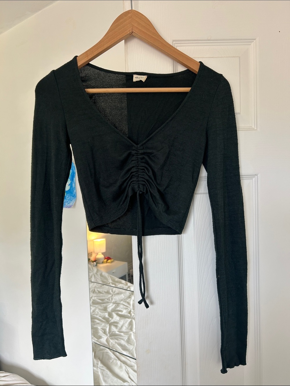 Ruched Drawcord V-Neck Long Sleeve Top - Dark Green
